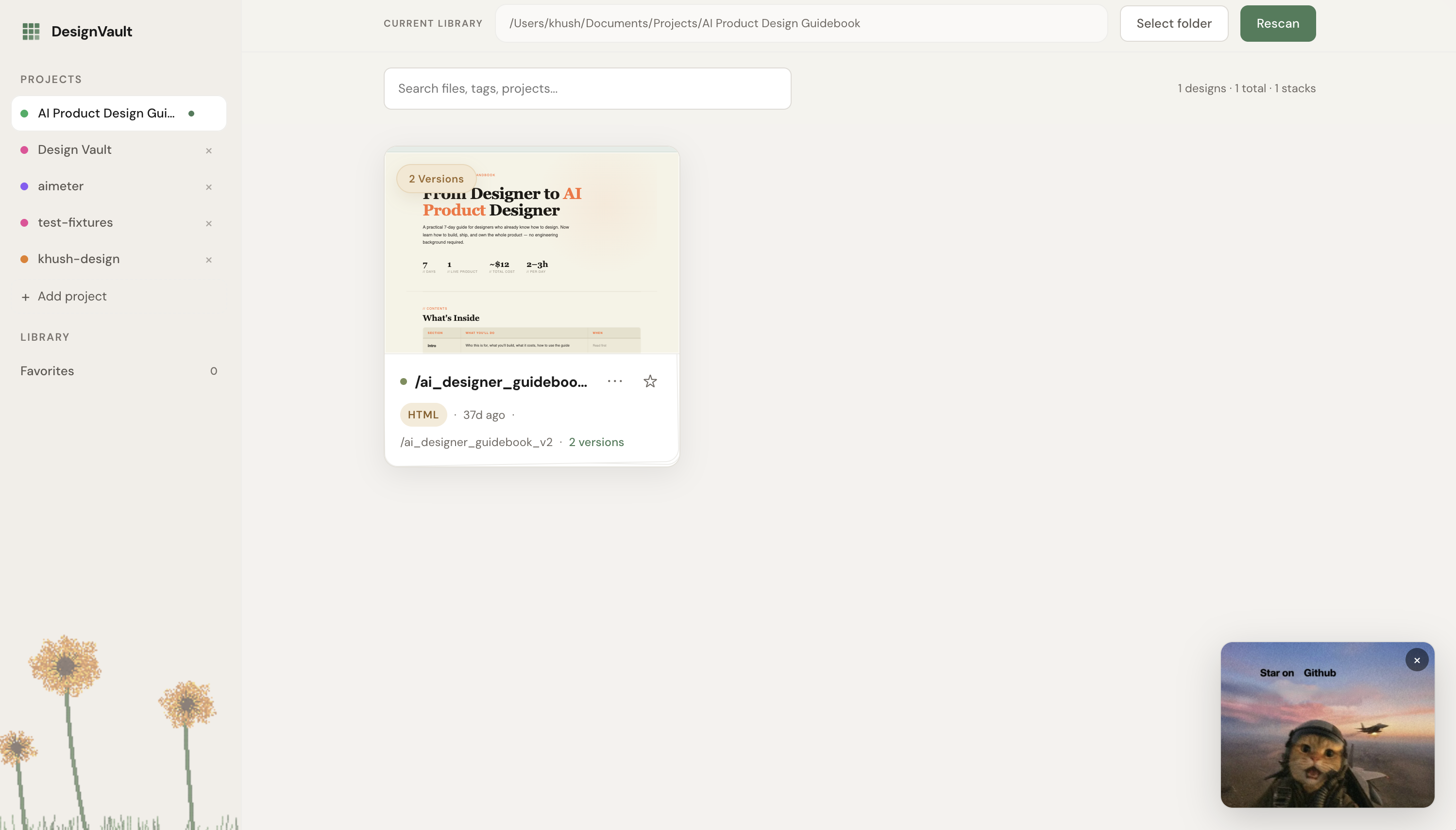 DesignVault open locally with a project library and a generated UI preview card